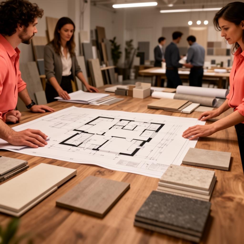 AMG design studio reviewing floor plans and material samples
